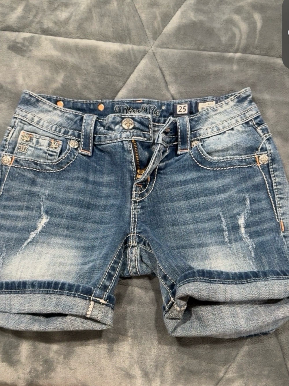 Miss Me Blue Distressed Roll-Cuff Denim Shorts